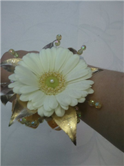 gerbera and gold wristcorsage